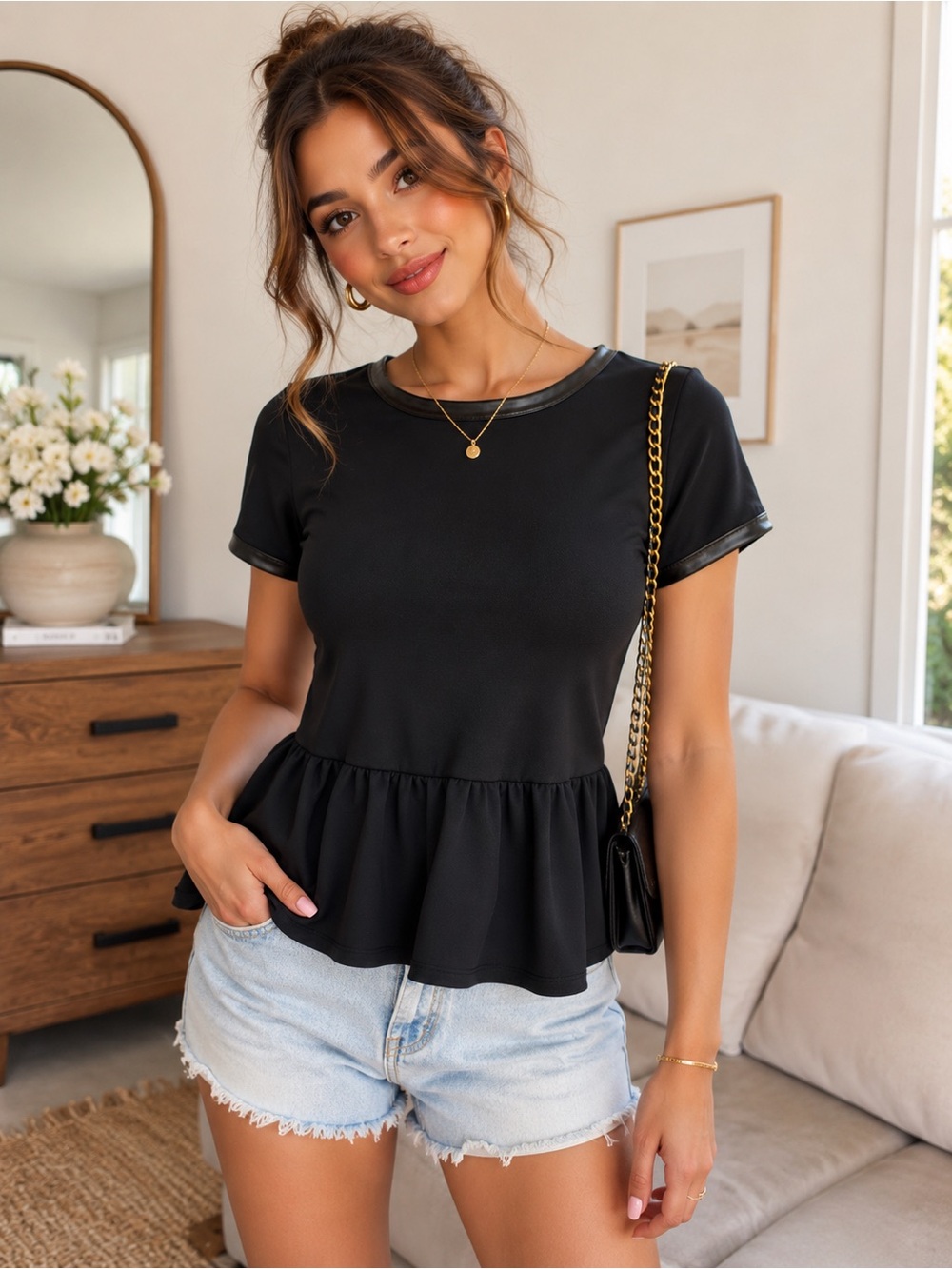 Madewell Black Peplum Top Faux Leather Collar Babydoll XS